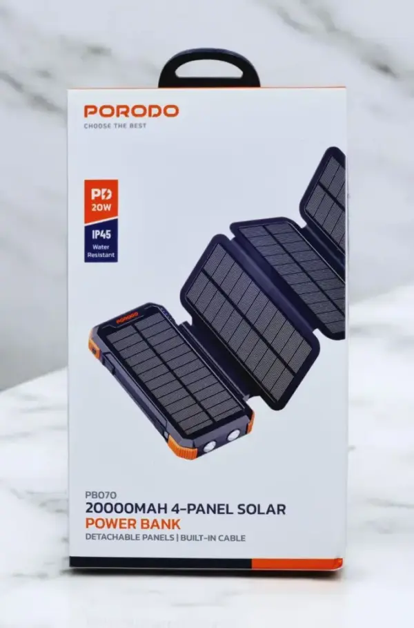 PORODO  20KMAH 4-PANEL SOLAR PAWER BANK | DETACHABLE PANELS | BUILT IN CABLE | PB070